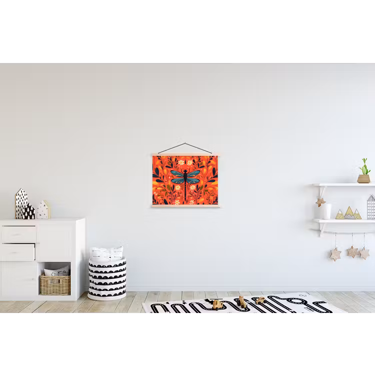 Libel - Blauw - Vleugels - Bladeren textielposter latten blank klein -kinderkamer
