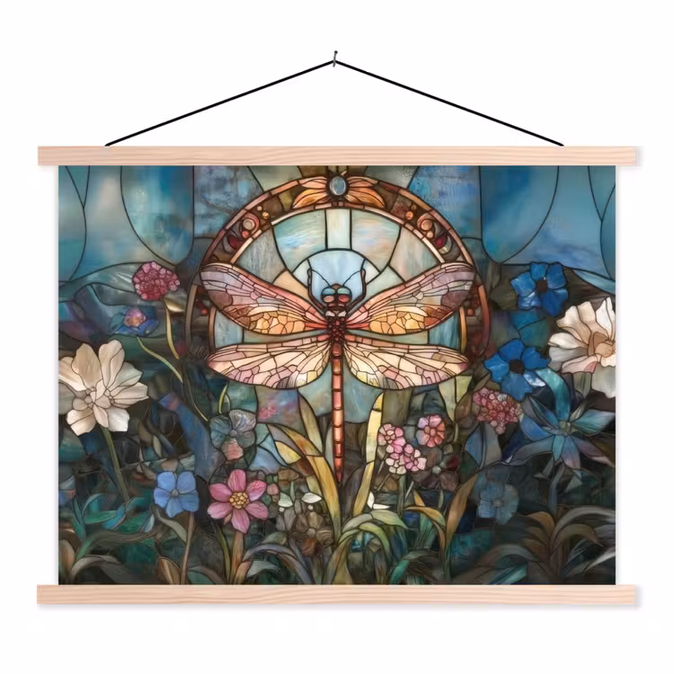 Libelle - Mozaïek - Bloemen - Kleurrijk textielposter latten blank klein -3d