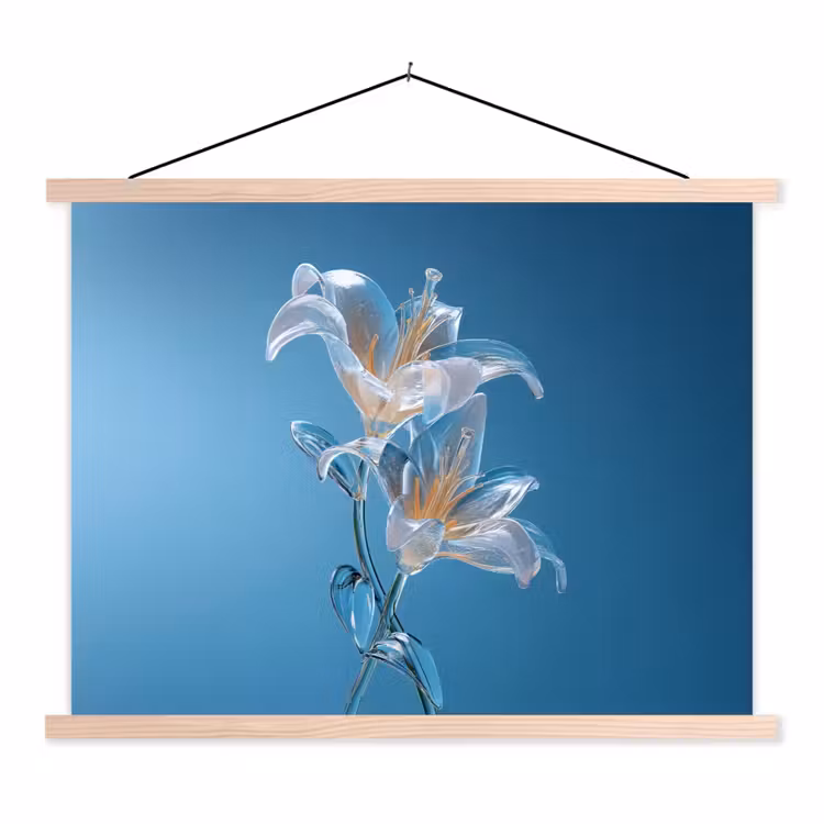 Lelies - Blauw - Glazen textielposter latten blank klein -3d