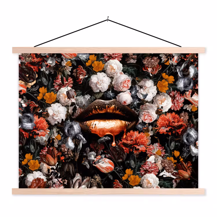 Lippen - Bloemen - Verf - Oranje - Kunst - Abstract - Oude meesters textielposter latten blank klein -3d