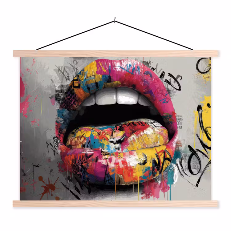 Lippen - Graffiti - Expressief textielposter latten blank klein -3d