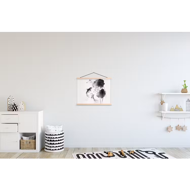 Lotusbloemen - Vissen - Bladeren - Zwart textielposter latten blank klein -kinderkamer