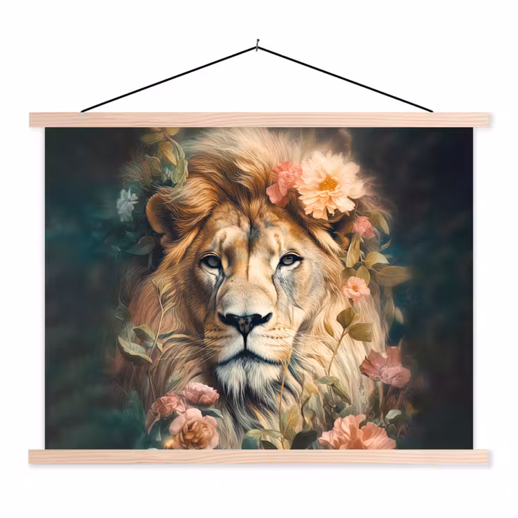 Leeuw - Leeuwenkop - Wilde dieren - Bloemen textielposter latten blank klein -3d
