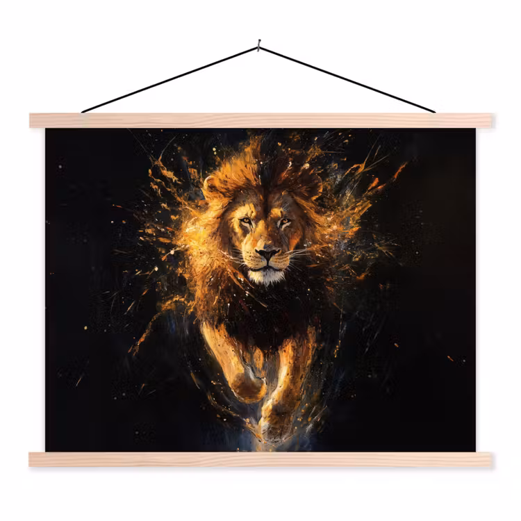 Leeuw - Zwart - Oranje - Verf textielposter latten blank klein -3d