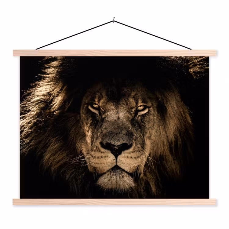Leeuw - Dieren - Zwart - Portret textielposter latten blank klein -3d