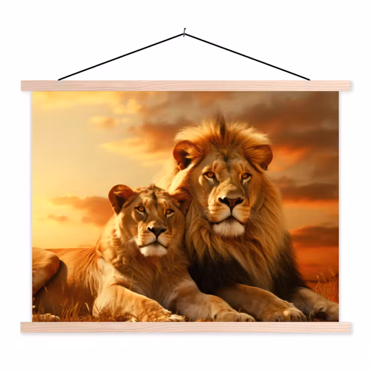 Leeuwen - Zonsondergang - Afrika - Savanne - Dieren textielposter latten blank klein -3d