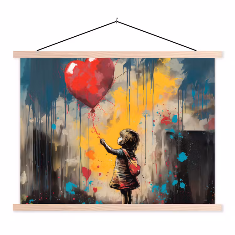 Meisje - Ballon - Hart - Graffiti textielposter latten blank klein -3d