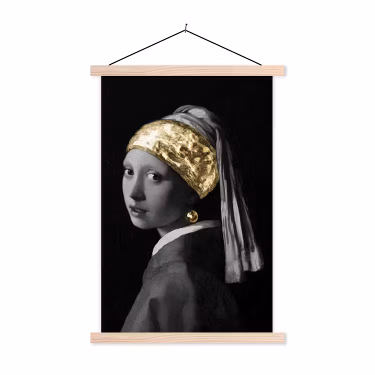 Meisje met de parel - Johannes Vermeer - Goud textielposter latten blank klein -3d