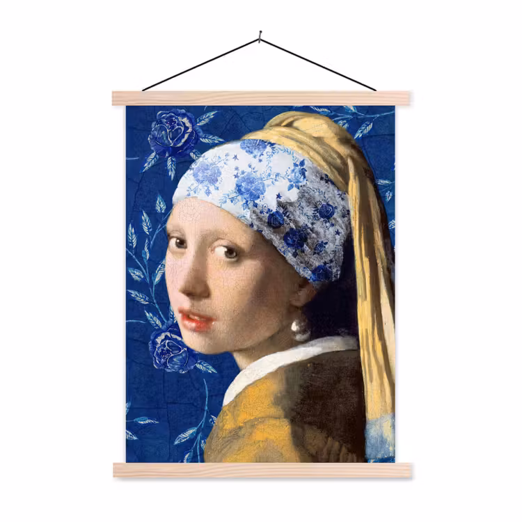 Meisje met de parel - Delfts blauw - Vermeer - Bloemen - Schilderij - Oude meesters textielposter latten blank klein -3d