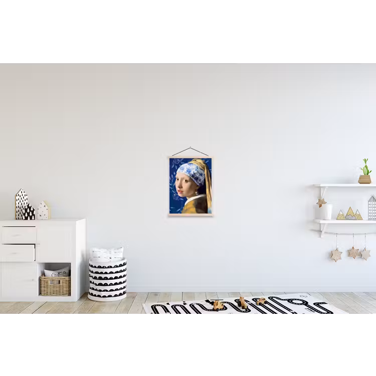 Meisje met de parel - Delfts blauw - Vermeer - Bloemen - Schilderij - Oude meesters textielposter latten blank klein -kinderkamer