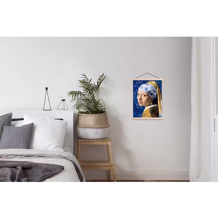 Meisje met de parel - Delfts blauw - Vermeer - Bloemen - Schilderij - Oude meesters textielposter latten blank klein -woonkamer
