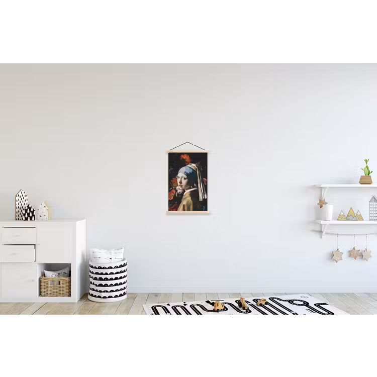 Meisje met de parel - Johannes Vermeer - Bloemen - Rood textielposter latten blank klein -kinderkamer