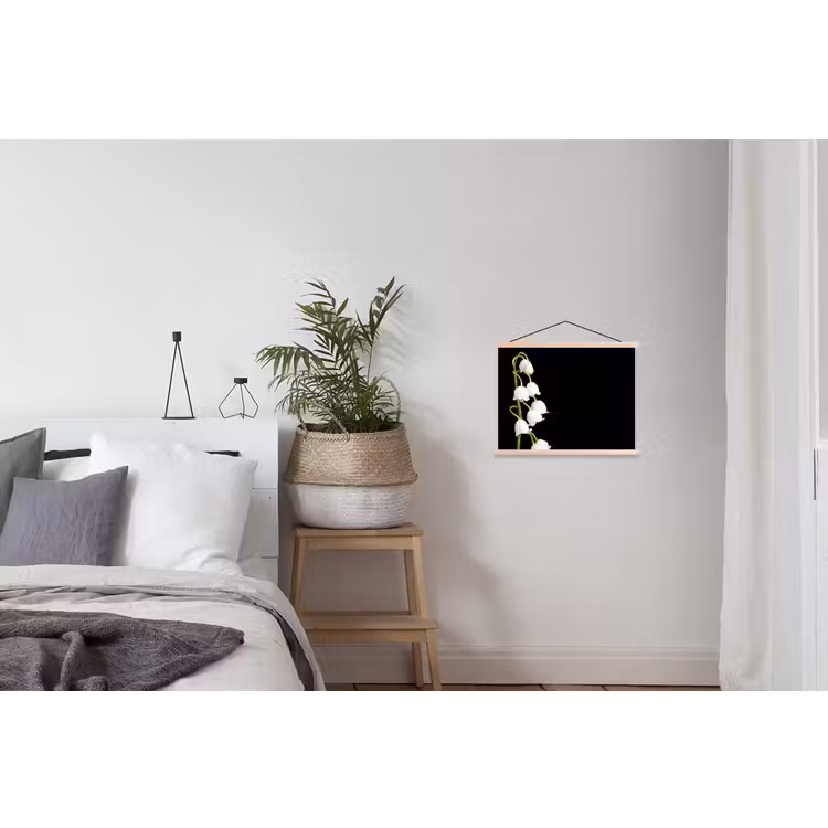 Lelietjes van dalen - Bloemen - Zwart - Flora textielposter latten blank klein -woonkamer