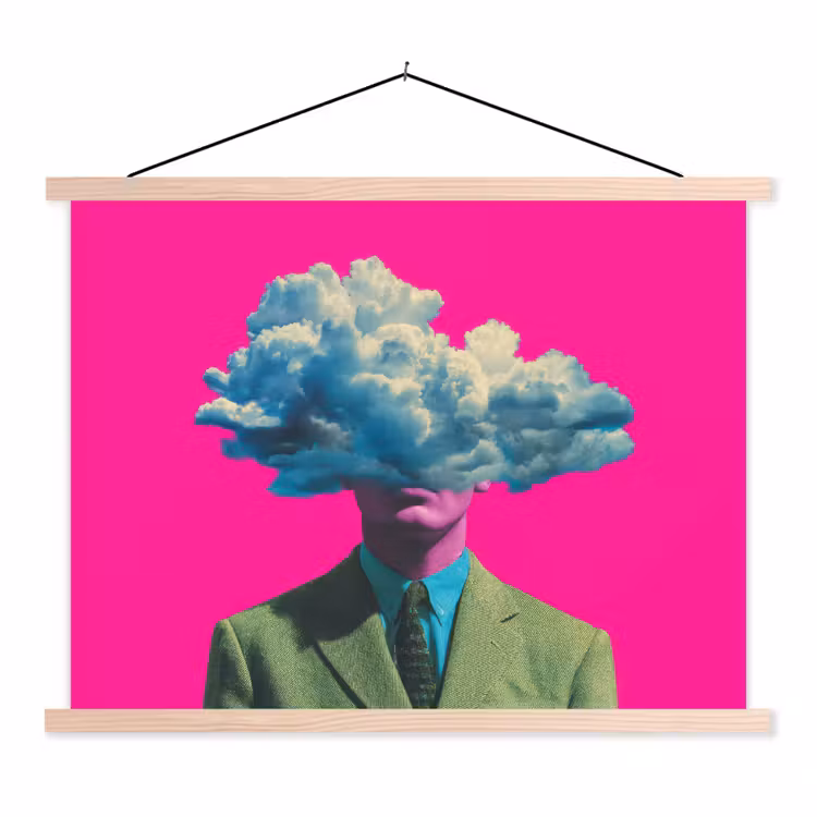 Man - Pak - Wolk - Roze textielposter latten blank klein -3d