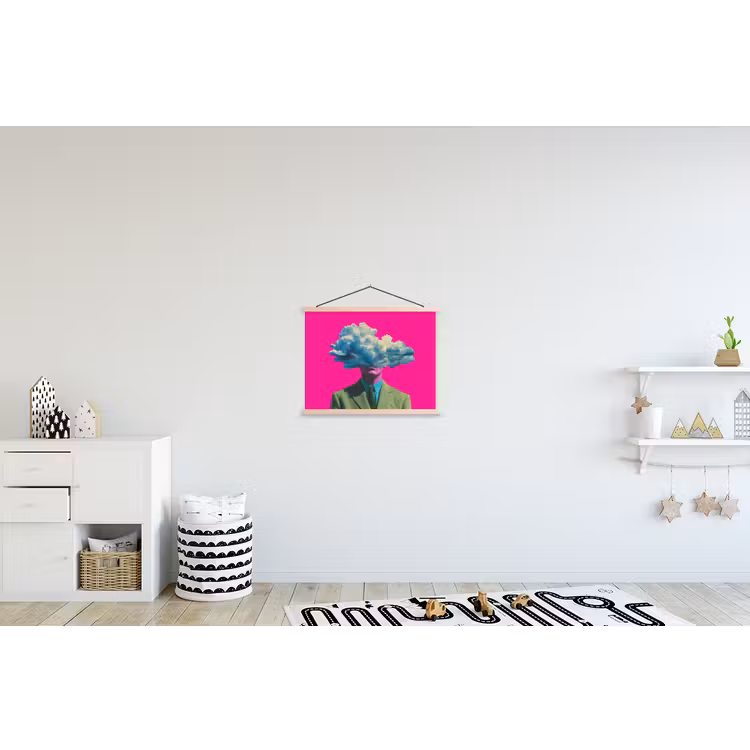 Man - Pak - Wolk - Roze textielposter latten blank klein -kinderkamer