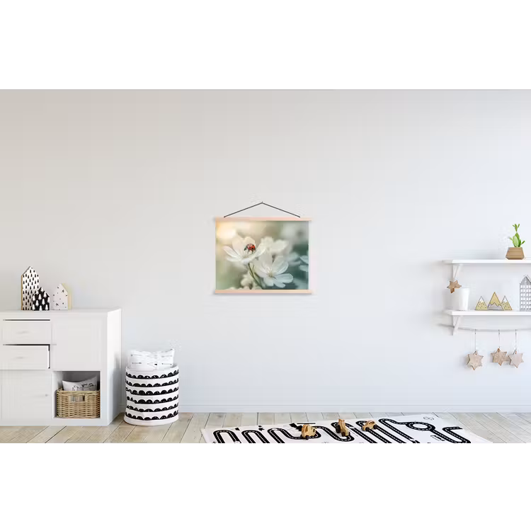 Lieveheersbeestje - Bloemen - Wit textielposter latten blank klein -kinderkamer