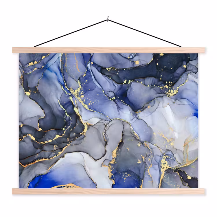 Marmer - Goud - Abstract - Blauw textielposter latten blank klein -3d