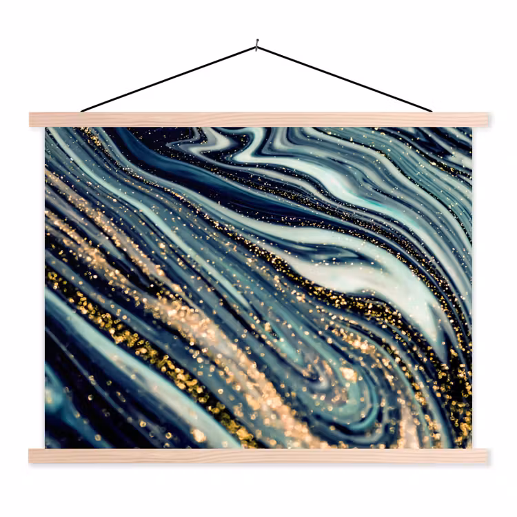 Marmer - Goud - Blauw - Glitter - Marmerlook - Abstract textielposter latten blank klein -3d
