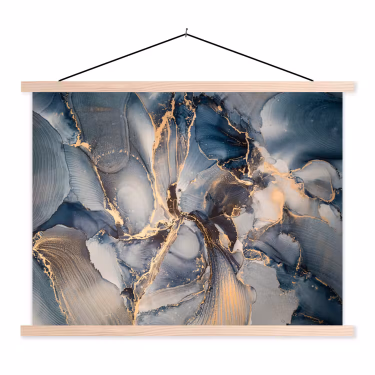Marmer - Grijs - Blauw - Luxe - Goud textielposter latten blank klein -3d