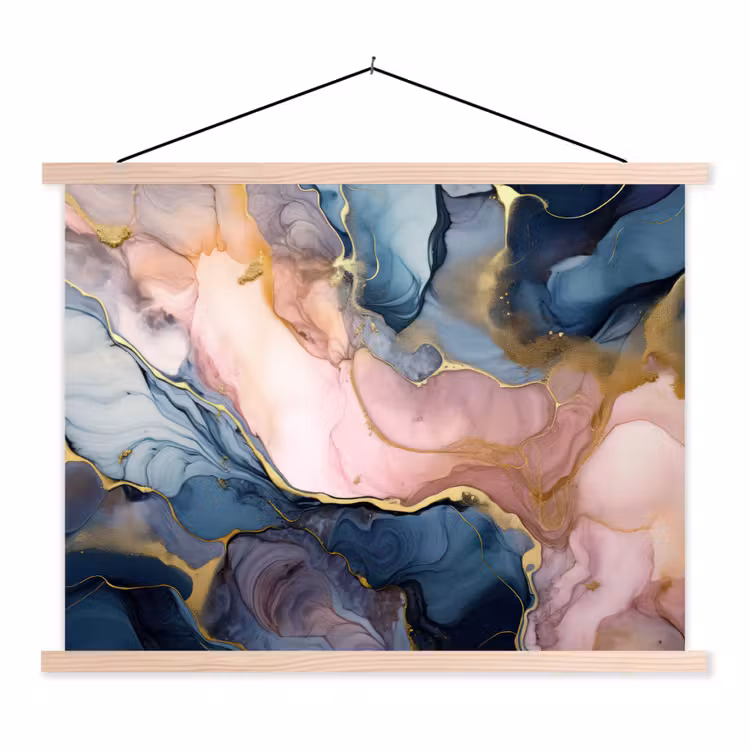 Marmer - Roze - Blauw textielposter latten blank klein -3d