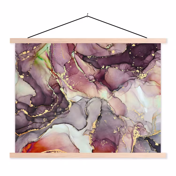 Marmer - Rood - Paars - Goud textielposter latten blank klein -3d