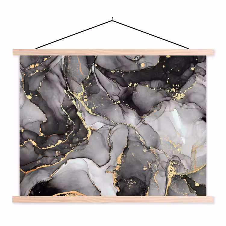 Marmer - Zwart - Goud - Grijs textielposter latten blank klein -3d