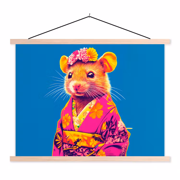 Muis - Kimono - Bloemen - Blauw textielposter latten blank klein -3d