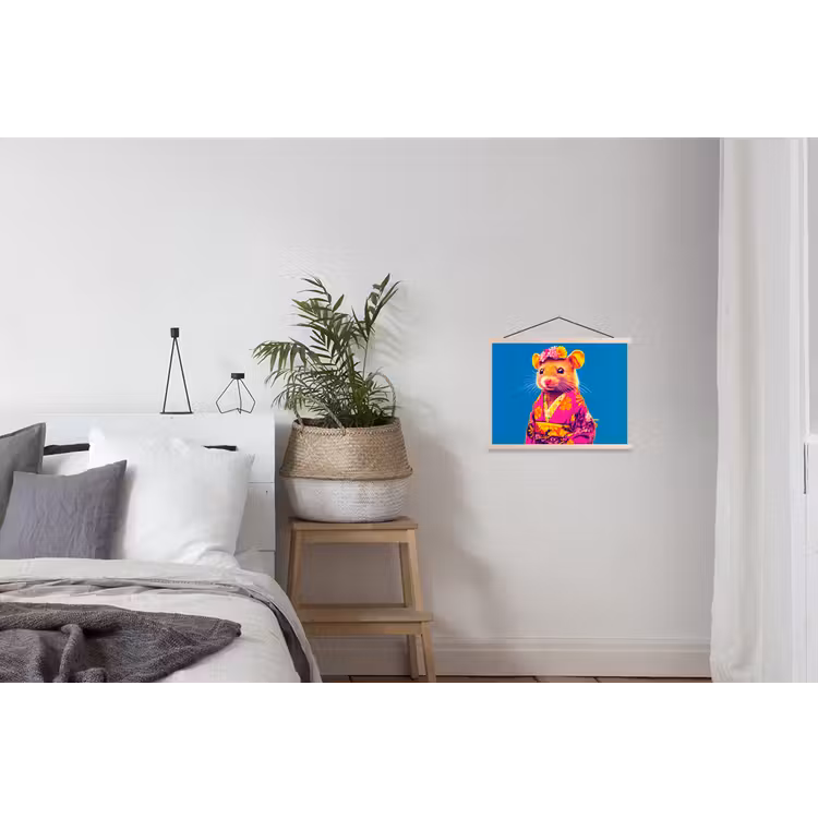 Muis - Kimono - Bloemen - Blauw textielposter latten blank klein -woonkamer
