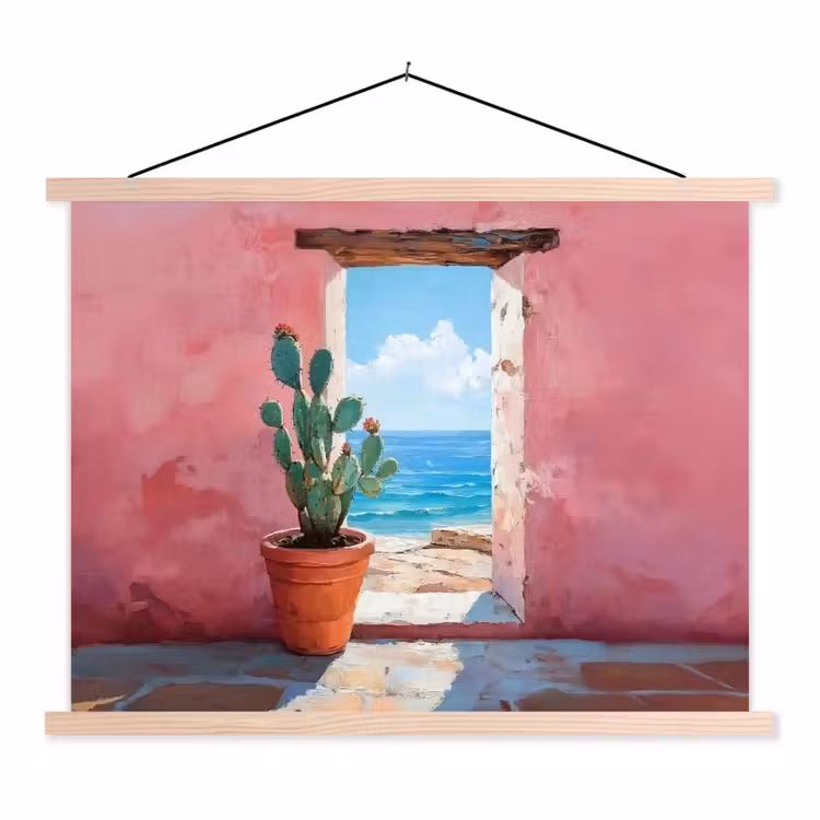Zee - Roze - Cactus textielposter latten blank klein -3d