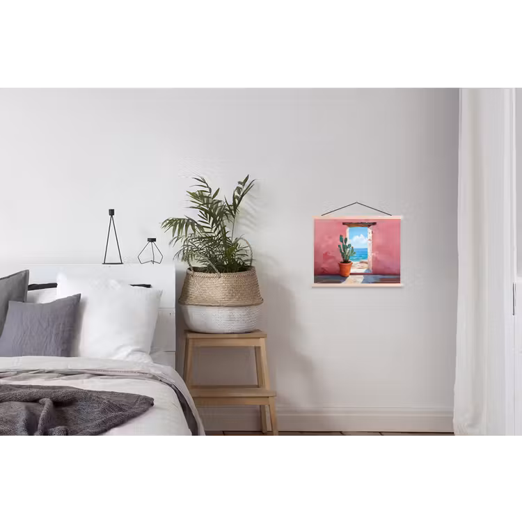 Zee - Roze - Cactus textielposter latten blank klein -woonkamer
