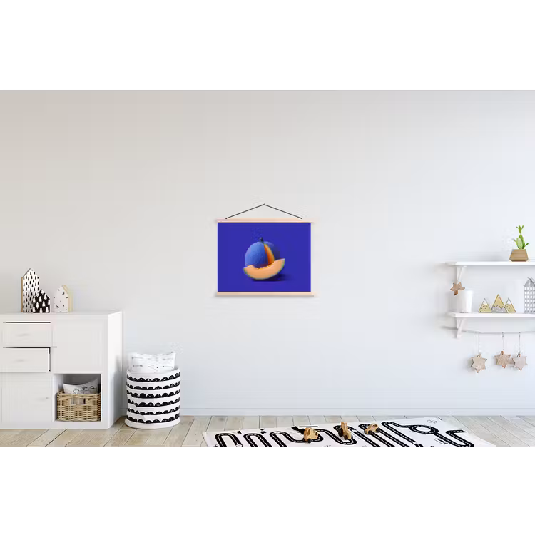 Meloen - Blauw - Oranje - Kunstzinnig textielposter latten blank klein -kinderkamer