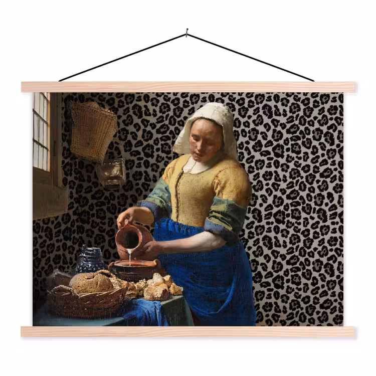 Melkmeisje - Kunst - Panterprint - Vermeer - Schilderij - Oude meesters textielposter latten blank klein -3d
