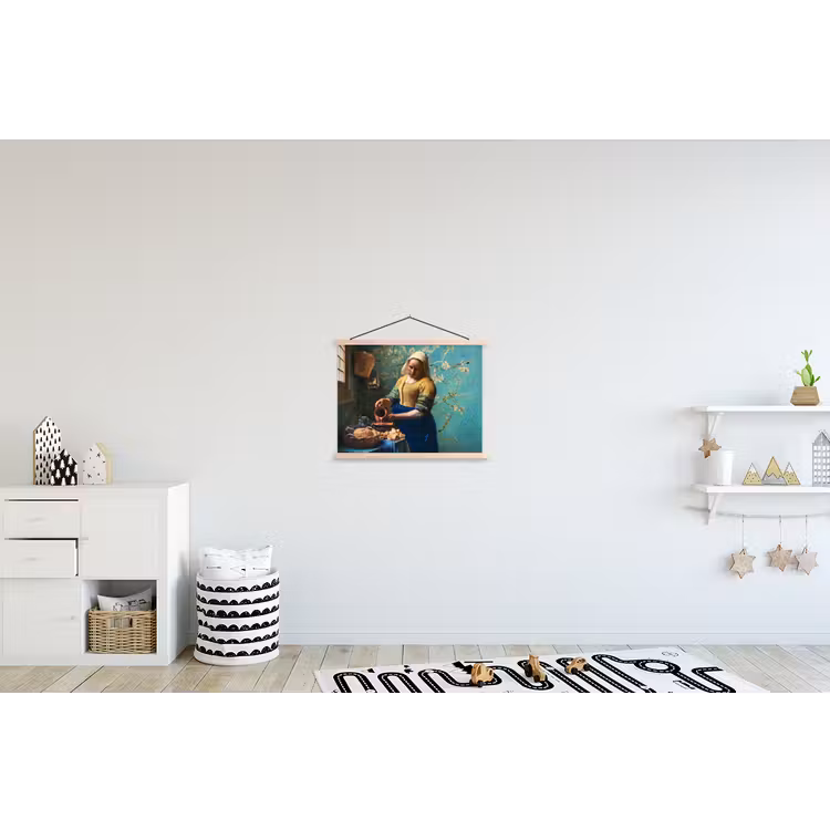 Melkmeisje - Amandelbloesem - Van Gogh - Vermeer - Schilderij - Oude meesters textielposter latten blank klein -kinderkamer