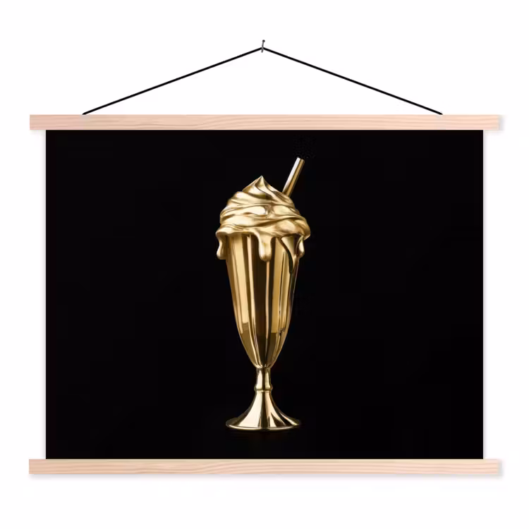 Milkshake - Goud - Drinken - Zwart textielposter latten blank klein -3d