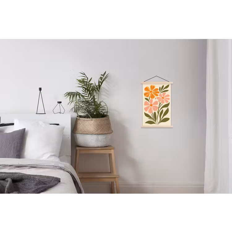 Minimalistisch - Bloemen - Bladeren - Roze textielposter latten blank klein -woonkamer