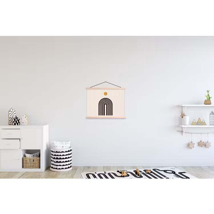 Minimalistisch - Zwarte boog - Gouden cirkel textielposter latten blank klein -kinderkamer