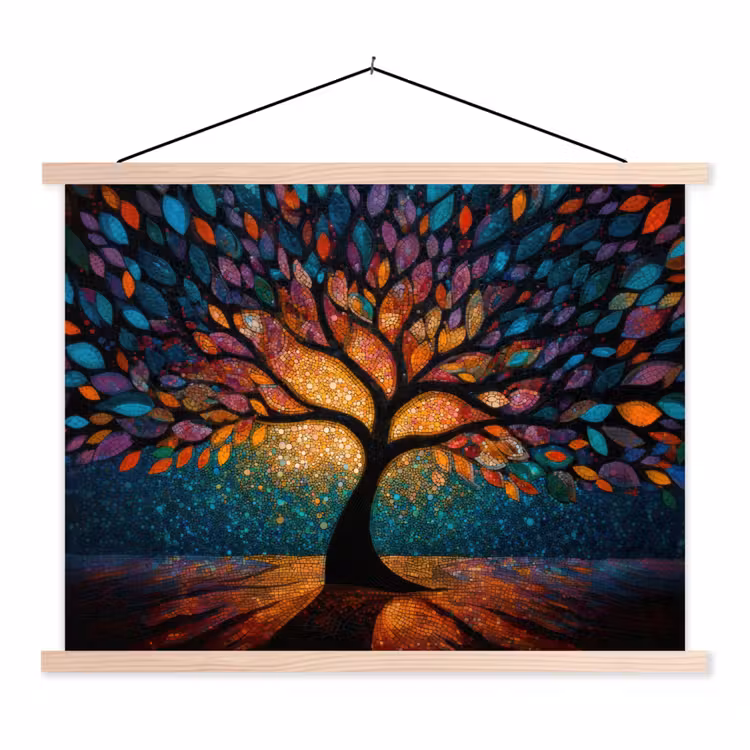Mozaïek - Kleurrijk - Boom - Takken textielposter latten blank klein -3d
