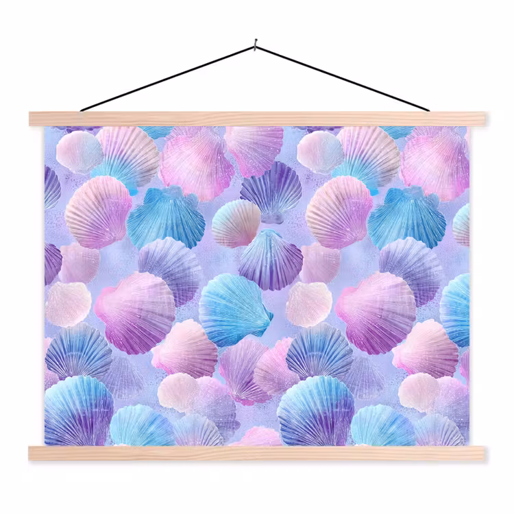 Schelpen - Paars - Blauw - Patroon textielposter latten blank klein -3d