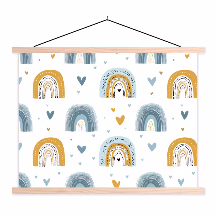 Patroon - Regenboog - Hartjes textielposter latten blank klein -3d