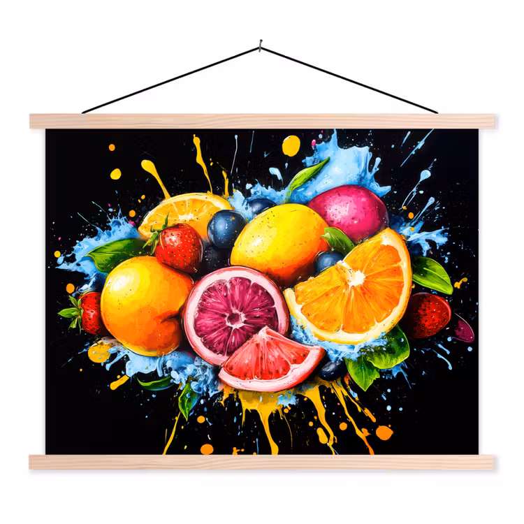 Fruit - Graffiti - Kleurrijk - Sinaasappel - Aardbei - Abstract textielposter latten blank klein -3d
