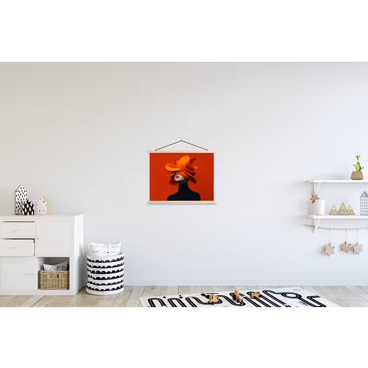 Oranje - Hoed - Vrouw textielposter latten blank klein -kinderkamer