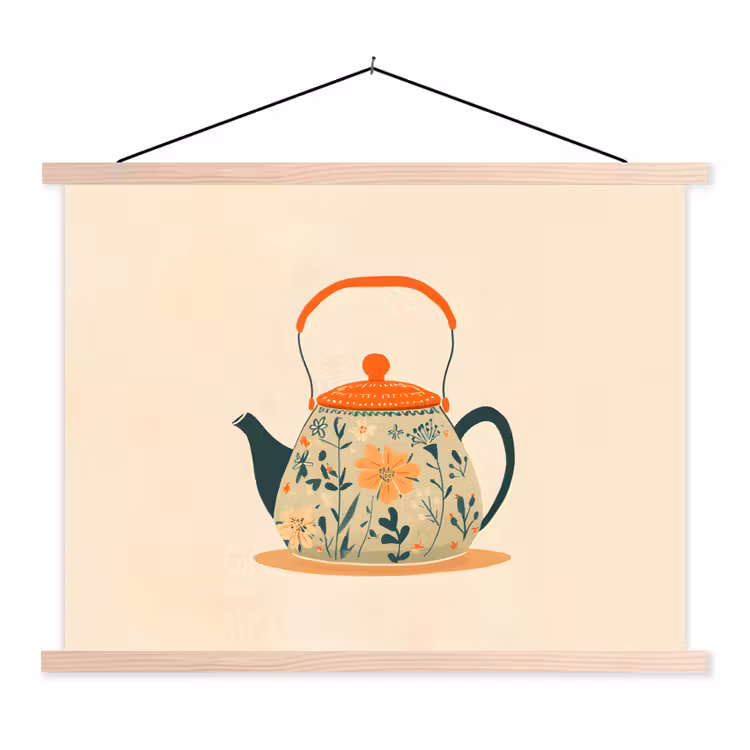 Oranje - Theepot - Bloemen - Bladeren textielposter latten blank klein -3d