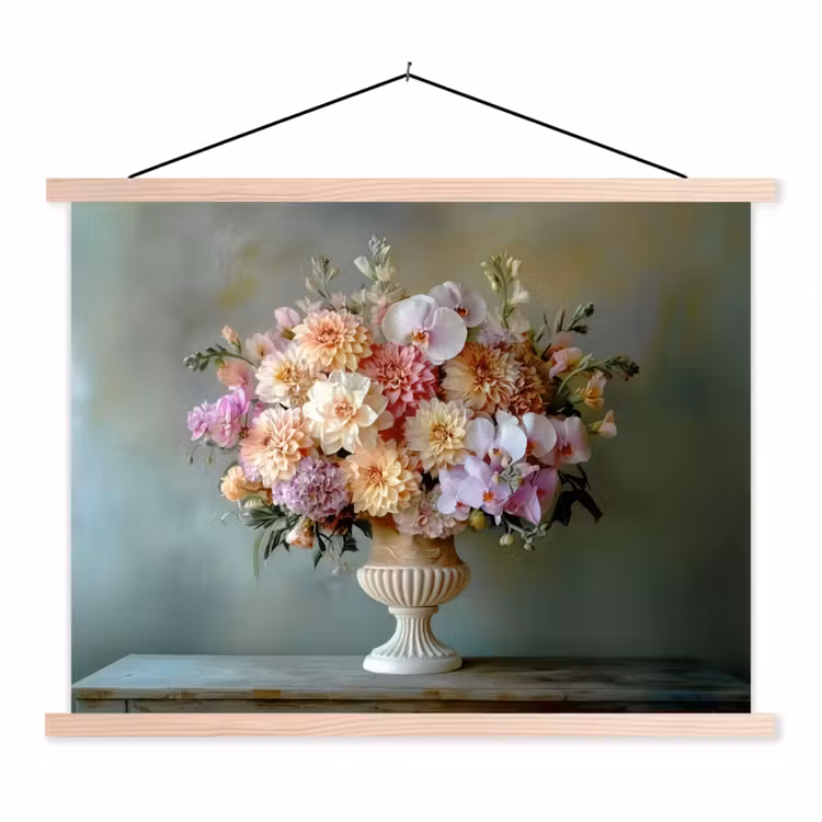 Orchidee - Boeket - Vaas - Bloemen textielposter latten blank klein -3d