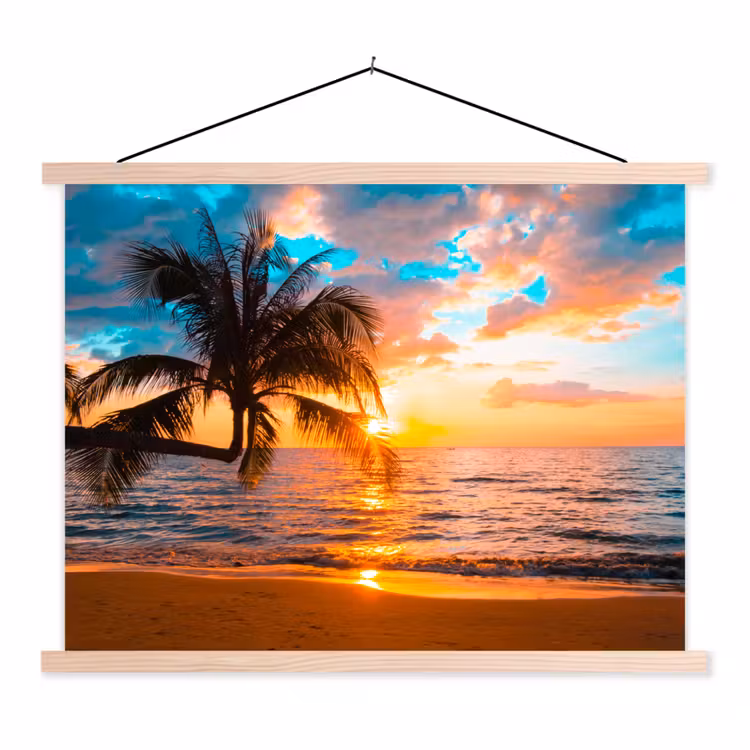Palm - Zonsondergang - Horizon - Strand - Zee - Tropisch textielposter latten blank klein -3d