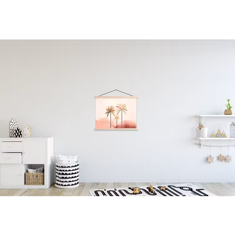 Palmbomen - Heuvels - Minimalistisch - Zachtroze textielposter latten blank klein -kinderkamer