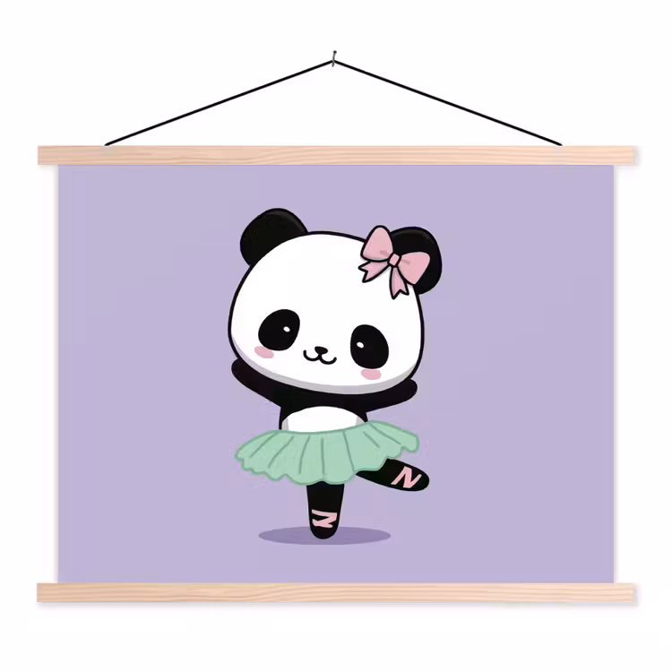 Panda - Paars - Sierlijk - Kawaii textielposter latten blank klein -3d