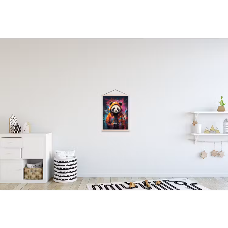 Panda met oranje jas en verfspetters textielposter latten blank klein -kinderkamer