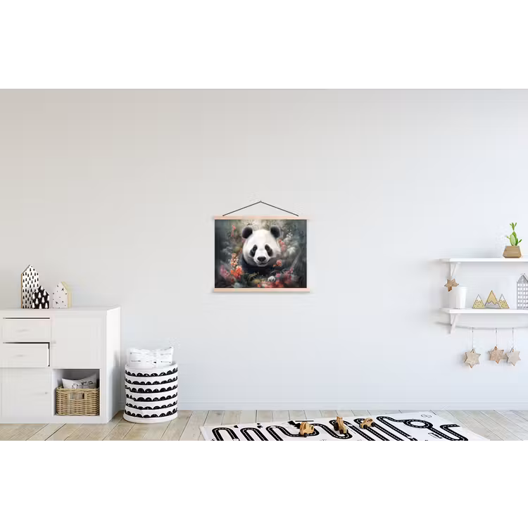 Panda - Wilde dieren - Bloemen - Natuur textielposter latten blank klein -kinderkamer