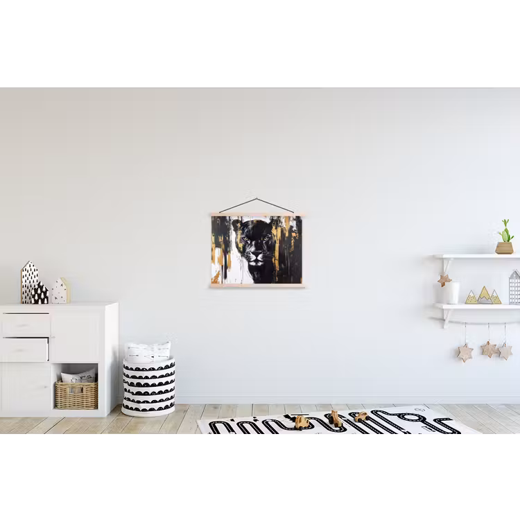 Panter - Zwart - Abstract - Verfstreken textielposter latten blank klein -kinderkamer