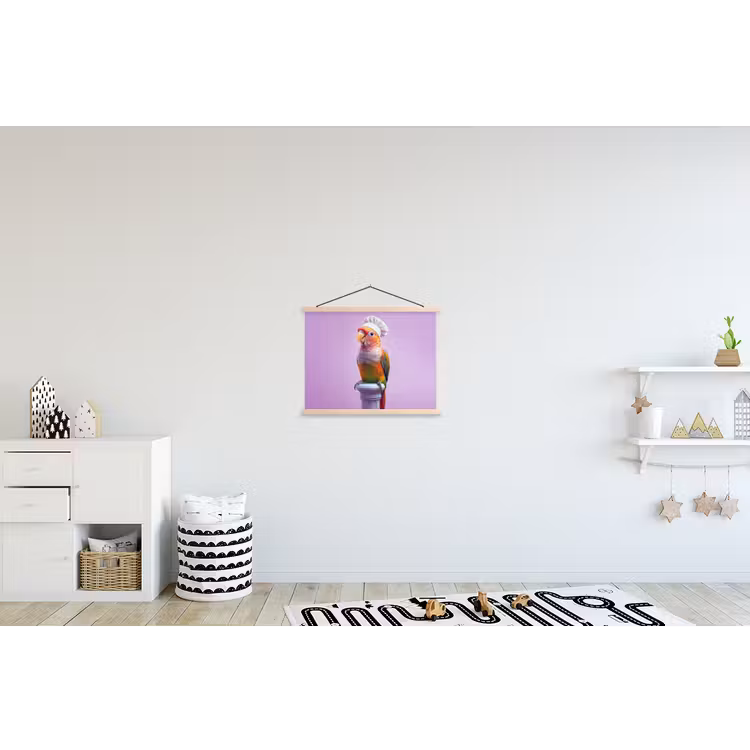 Papegaai - Koksmuts - Pilaar - Vogel textielposter latten blank klein -kinderkamer